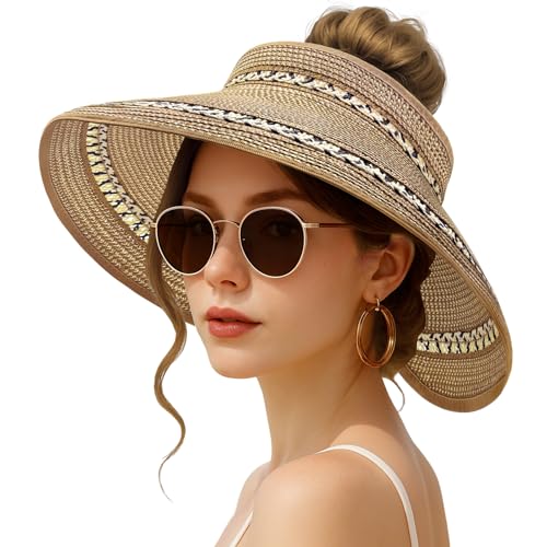Sun Hats for Women Wide Brim Straw Sun Visors Ponytail Hat - color: Coffee Mix