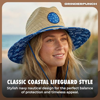 grinderPUNCH Straw Sun Hat for Men Women Wide Brim Beach Fishing UPF 50 - color: Blue Nautical