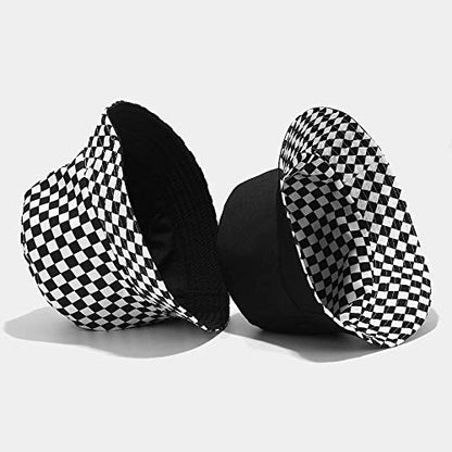 Unisex Print Bucket Hat Sun Hat for Women Men,Reversible Cotton Summer Beach Hat Fisherman Hat - color: Checkered