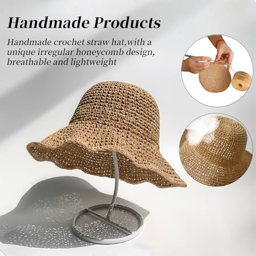 Floppy Big Beach Straw Hats for Women Foldable Summer Wide Brim Packable Sun Hat Womens Travel Straw Fedora Hat - color: Khaki-4