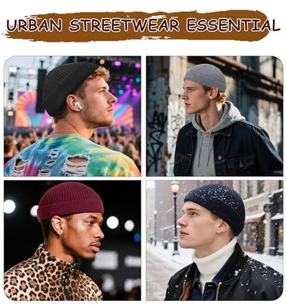 Wool Fisherman Beanie for Men Wome, Thin Knit Winter Hats Skull Cap - color: Black