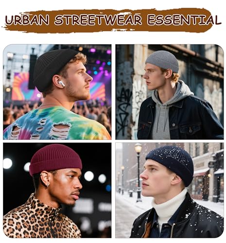 Wool Fisherman Beanie for Men Wome, Thin Knit Winter Hats Skull Cap - color: Black