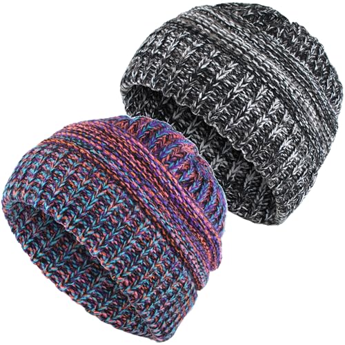 Women Ponytail Beanie 2-Pack, Thick Thermal Soft Acrylic Winter Skull Cap - color: A & C