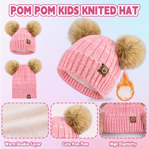 Kids Winter Hat Gloves Scarf Set Girls, Children Beanies Hats with Pom Pom - color: Watermelon Red Mix