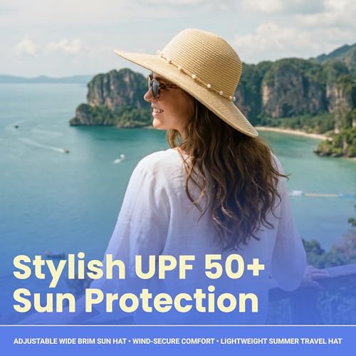 Funky Junque Wide Brim Panama Sun Hat, Womens Packable Straw - color: Pearl Trim - Natural Multi