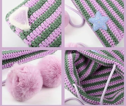 Women Kawaii Cat Ear Beanie Hat with Star Pom Poms Y2K Cute Crochet Goth Grunge Emo Alt Accessories Knit Slouchy Hat - color: Khaki Beige