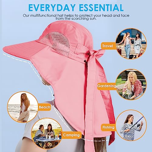 Womens Sun Hat UV Protection, Foldable Waterproof Wide Brim Bucket Hats with Neck Flap for Summer Beach Fishing Hiking - color: Rose