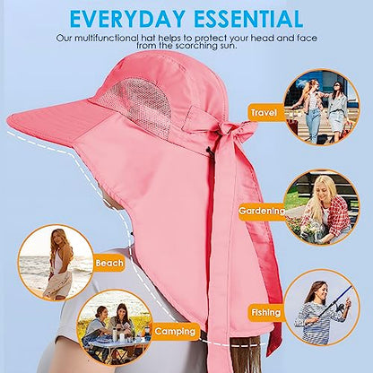 Womens Sun Hat UV Protection, Foldable Waterproof Wide Brim Bucket Hats with Neck Flap for Summer Beach Fishing Hiking - color: Rose