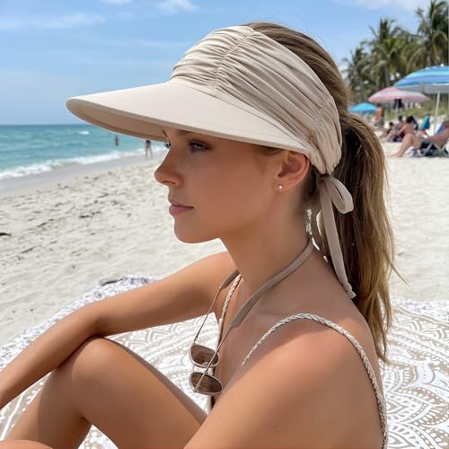 KXF Sun Visors Hat for Women Wide Brim Beach Hat Foldable Visor Hat Cap Ponytail Summer Packable UPF 50+ Adjustable Stretchy - color: Khaki