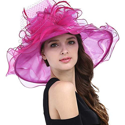 Janey&Rubbins Women's Feathers Floral Fascinating Wide Brim Lightweight Church Derby Hat - color: Hot Pink