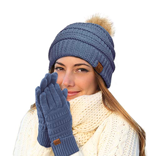 C.C Hatsandscarf Exclusives Unisex Solid Ribbed Beanie with Pom (HAT-43) - color: A Gift Set-dkdenim