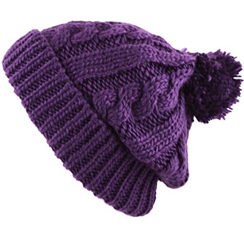 Women and Men Beanie Daily Winter Oversized Thick Stretchy Knitted Pom Pom Beanie Fleece Lined Beanie Hat - color: 1. Curly Purple