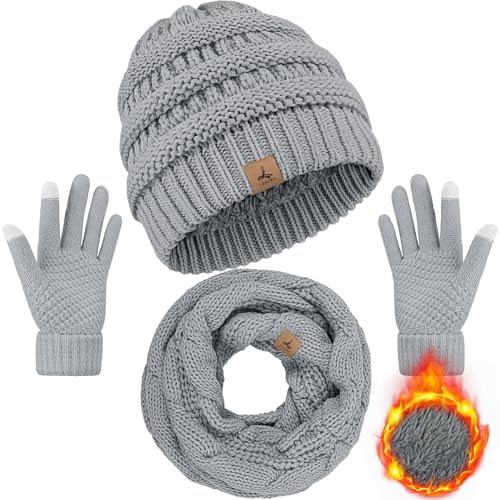 LOROME Winter Beanie Hat Scarf Gloves, Warm Fleece Knit Neck Scarf Set Gift - color: Light Gray