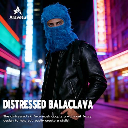 Distressed Ski Mask Balaclava, Yeat Shiesty Knitted Full-Face Mask - color: Blue