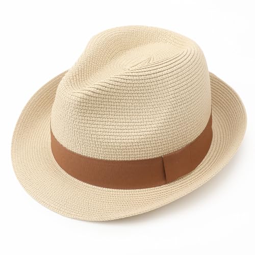 AQOKKA Summer Straw Fedora Hat for Women Men Travel Panama Hat with Wide Brim Roll Up Sun Hat for Beach Outdoor UPF 50+ - color: Brown