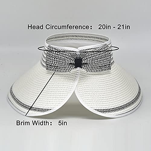Women Sun Visors Foldable Straw Hats Summer Beach Packable Hat Floppy Wide Brim Cap Deep Style, Adjustable Size - color: White