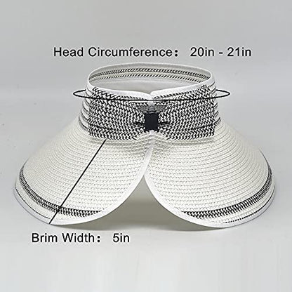Women Sun Visors Foldable Straw Hats Summer Beach Packable Hat Floppy Wide Brim Cap Deep Style, Adjustable Size - color: White