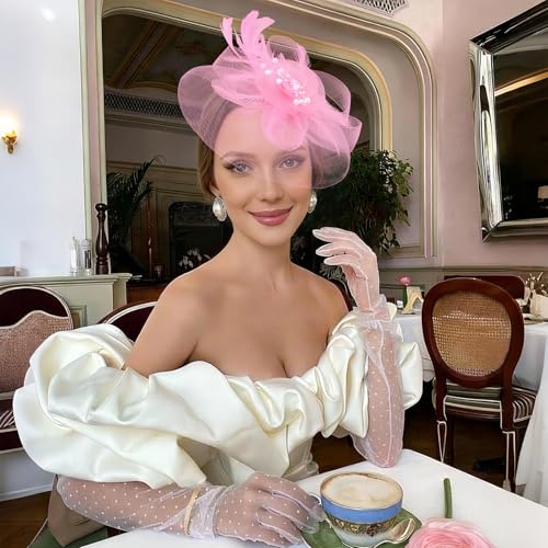 Womens Fascinators Mesh Hats Tea Party Hats for Women Feather Veil Headband - color: Pink