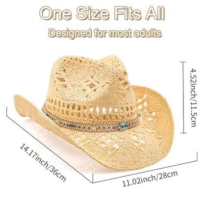 WQWOVRVO Cowboy Hat,Cowgirl Hat,Cowboy Hats for Women/Mens/Straw Wide with Shapeable Brim Cowboy Hat for Womens/White/Black. - color: Beige + Chains