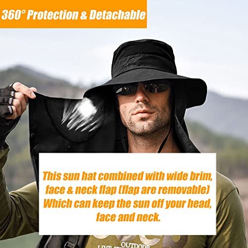 Fishing Hat for Men & Women, Sun Protection Hat with Face Cover & Neck Flap - color: Black