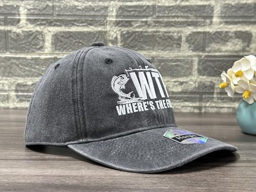 Fishing Baseball Cap for Men Women, Adjustable Embroidered Fish Hat - color: Wheres the Fish (Washed Black)