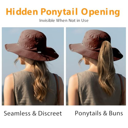 Wide Brim Waterproof Bucket Rain Hat for Women Men UPF50+ Cowboy Sun Hat - color: Rust