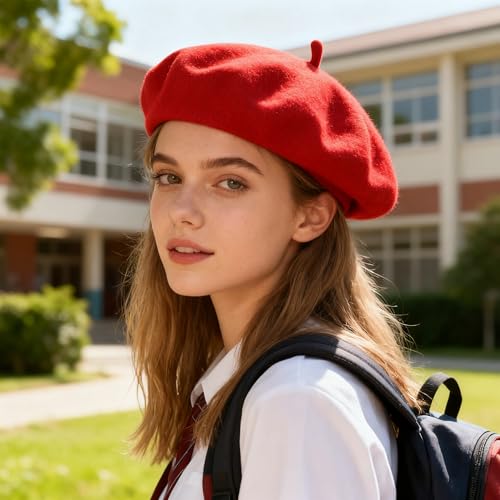 Women Beret Classic French Hat - Elegent Black Wool Beret for Party Romantic French Themed Fancy Dress(Size:S/M) - color: Red