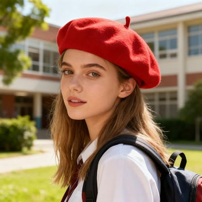 Women Beret Classic French Hat - Elegent Black Wool Beret for Party Romantic French Themed Fancy Dress(Size:S/M) - color: Red