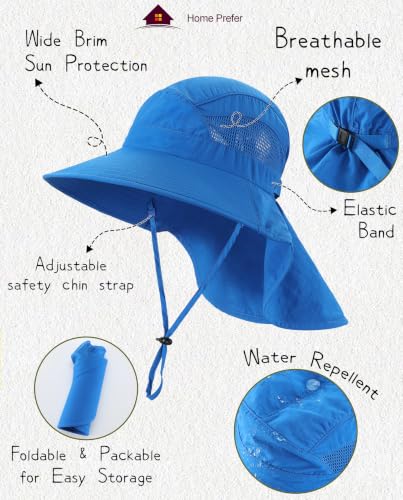 Home Prefer UPF50 Wide Brim Kids Sun Hat Neck Flap Boys Girls Sun Protection Hat for Beach Fishing - color: Royal Blue, size: 4-8 Years
