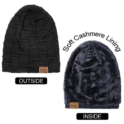 Senker Fashion 2 Pcs Winter Slouchy Beanie Hats for Men, Warm Mens Beanies - color: Dark Black + Grey
