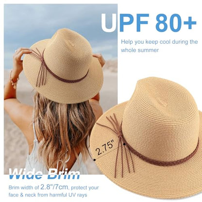 DRESHOW Women Straw Panama Hat Travel Fedora Beach Sun Hat Summer Wide Brim Straw Roll up Hat UPF 50+ - color: Khaki/Braided Rope a