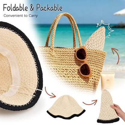 Sun Hat for Women Summer Straw Beach Hats Bucket Hat Floppy Crochet Hat - color: Beige/Black