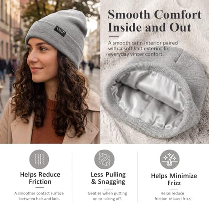 3 Pack Satin Lined Beanies for Men and Women Silk Warm Cuffed Winter Hats - color: Black+white+light Grey