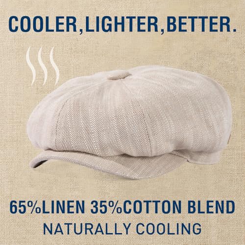 Oversized XL XXL Natural Linen Flat Cap Lightweight 8 Panel Summer Cooling Eco-Friendly Newsboy Hat Golf Outdoor - color: Beige Herringbone, size: X-Large-XX-Large