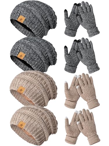 JaGely 8 Pieces Women Winter Hats and Gloves Set Women Warm Touchscreen Knitted Lined Gloves Winter Beanies - color: Black, Mixed Khaki