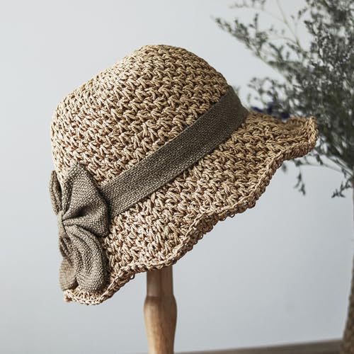 Women Wide Brim Floppy Straw Hats Beach Sun Hat Summer Cap with Bowknot UV Hat Sunhats Cloche Hat Strap Adjustable - color: Khaki