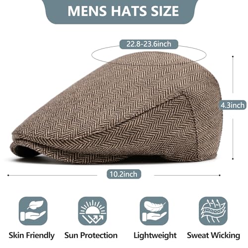 meioro Herringbone Flat Ivy Newsboy Cap for Men Classic Tweed Newsboy Hat Wool Blend Flat Cap Gatsby Cabbie Hats Ivy Caps - color: Khaki