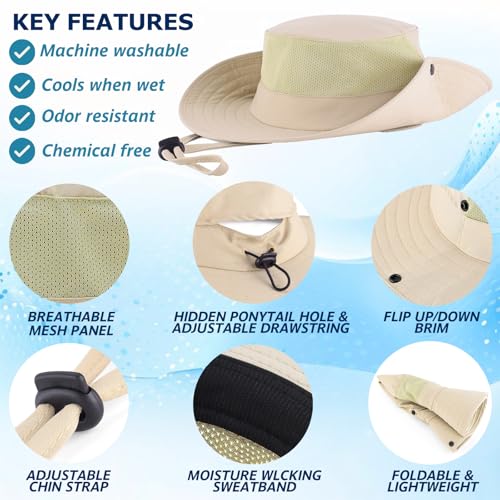 Cooling Sun Bucket Hat, UPF 50+ Wide Brim Boonie Hat with Ponytail Hole - color: 01 Beige