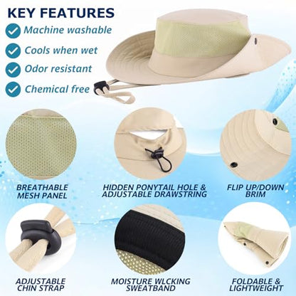 Cooling Sun Bucket Hat, UPF 50+ Wide Brim Boonie Hat with Ponytail Hole - color: 01 Beige