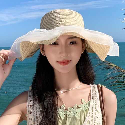 Women Summer Straw Hat Sun UV Protection Wide Brim Breathable Beach Visor Hats - color: Beige