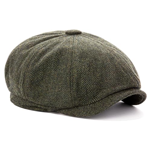 Men's Wool Newsboy Cap 8-Panel Tweed Taxi Hat Herringbone Gatsby Flat Hats - color: Green