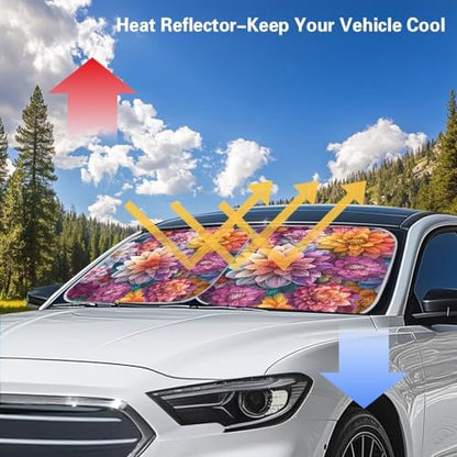 Renewold Boho Flower Windshield Sun Shade for Car, Foldable Front Window Cover with UV and Heat Protection, Keep Your Car Interior Cooler - color: Boho Flower Dahlia