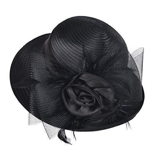 Women Vintage Roll Brim Bowler Cloche Hat for Derby Day, Church, Wedding, Party, Formal Occasion - color: Black
