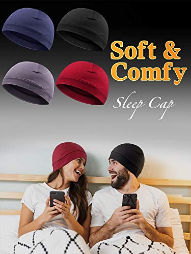 Syhood 4 Cotton Skull Caps for Men Women Sleep Night Hat Beanie - color: Gray, Wine Red, Navy Blue, Black