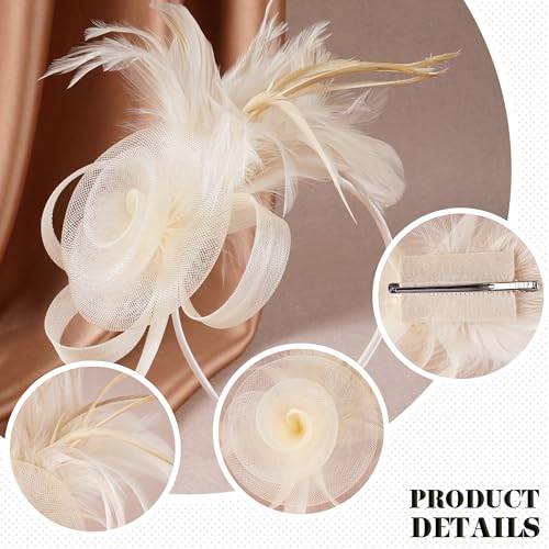 Zinniday Victorian Feather Fascinators Hats - 2025 Derby Attire Headwear with Hairpin,1920s Tea Party Hat for Woman - color: Champagne