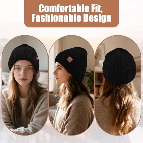 Unisex XXL Winter Hat, Fleece Lined Beanie Skull Cap Thermal Beanies Warm Ski Hat for Cold Weather - color: Black