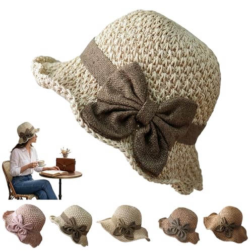 Elegant Woven Straw Sun Hat with Bow, Summer Beach Sun Straw Hats for Women, Foldable Wide Brim Floppy Beach - color: Beige