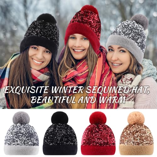 4 Pcs Sequin Pom Pom Beanie Winter - color: Black,silver,gold,wine Red