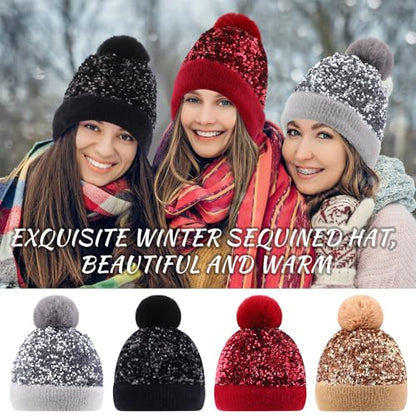 4 Pcs Sequin Pom Pom Beanie Winter - color: Black,silver,gold,wine Red
