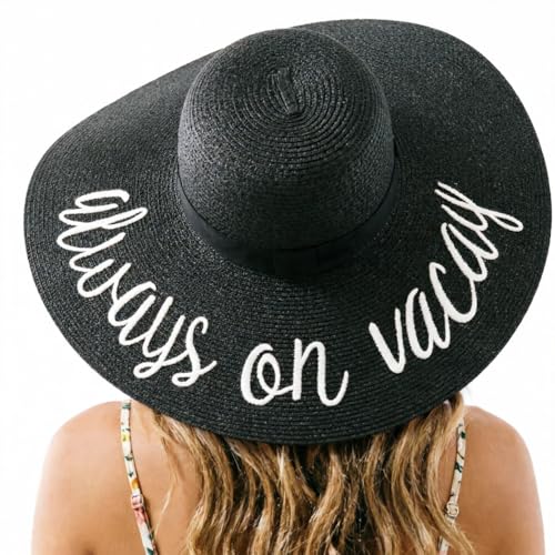 DRESHOW Big Straw Sun Hats for Women Floppy Foldable Roll up Beach Cap Sun Hat UPF 50+ Vacation Honeymoon Embroidered Hat - color: Ae Always on Vacay: Black